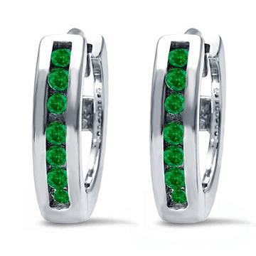 Half Eternity Hoop Earrings Round Simulated Green Emerald CZ 925 Sterling Silver (11mm)